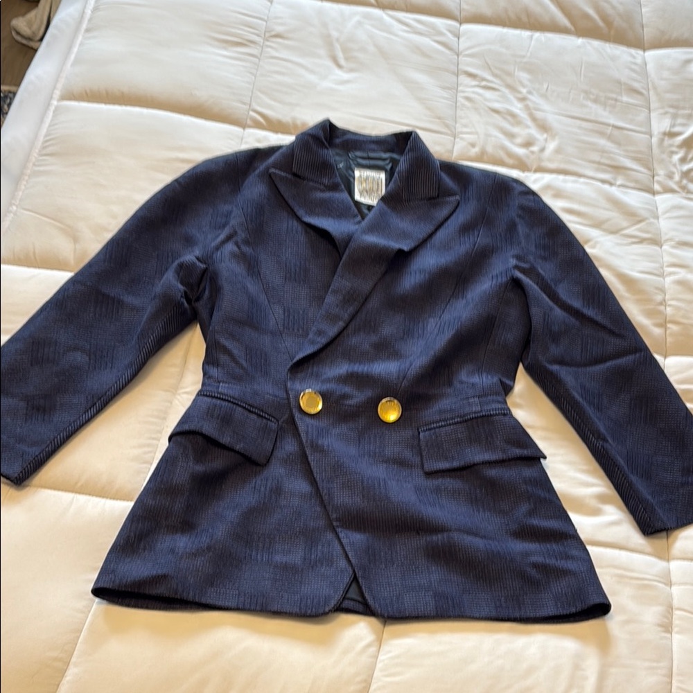 Navy Cinched-waist Blazer with Gold Buttons